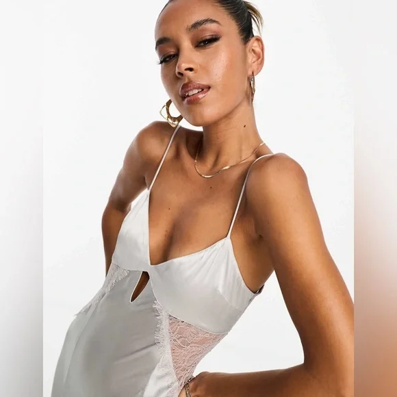 ASOS Design Silver Satin Maxi Dress Lace Back Cutout Slit Size Small 4 - Picture 2 of 10